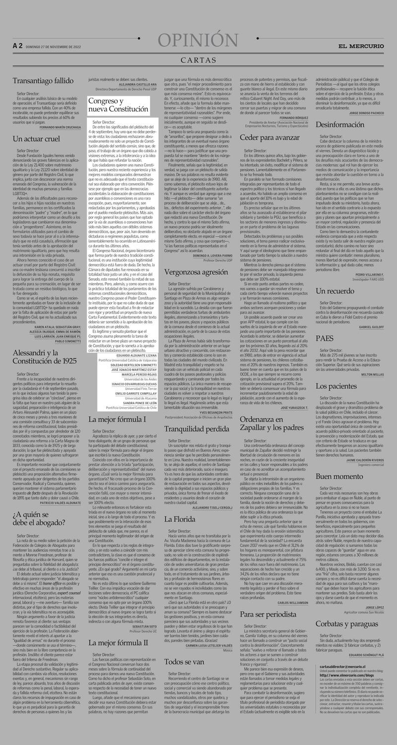 El Mercurio Decano Ignacio Covarrubias carta academicos Congreso Constitucion completo