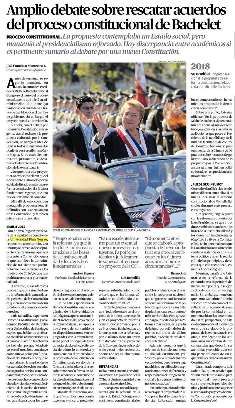 El Mercurio Antofagasta Andrea Iniguez Facultad Derecho Universidad Finis Terrae Constitucion Bachelet nuevo proceso constitucional completo