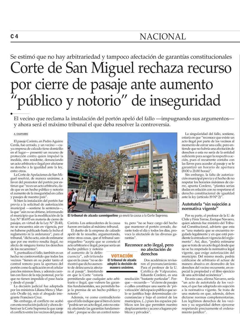 El Mercurio Enrique Navarro rechazo Corte Apelaciones San Miguel recurso cierre pasaje completo